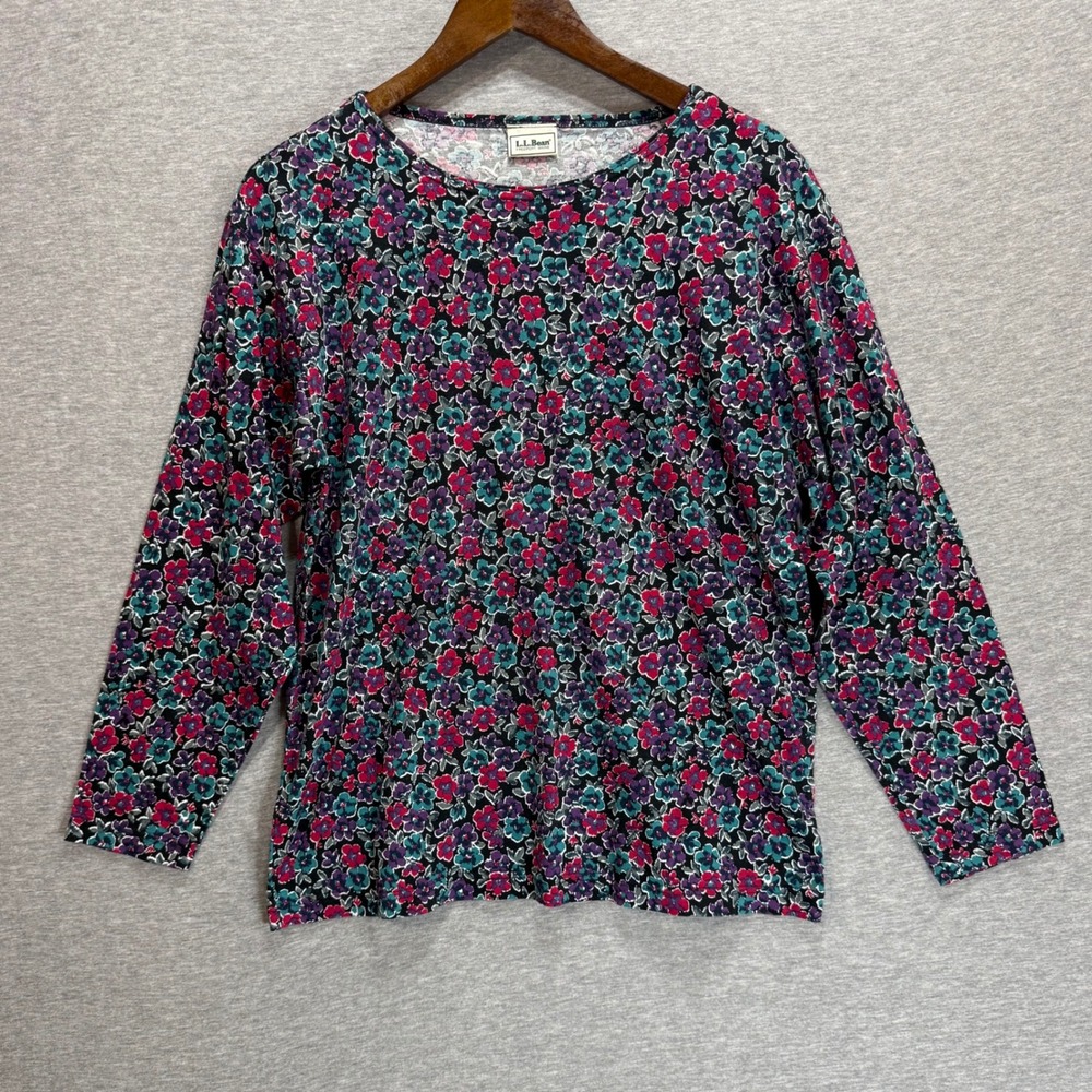 LL Bean Floral Long Sleeve Top Womens M Multicolor Crew Neck Casual Tee Modest